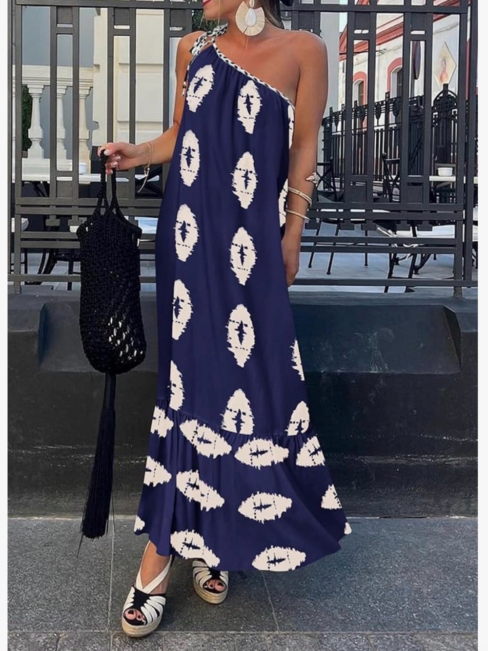 One-Shoulder Navy and White Maxi Dress